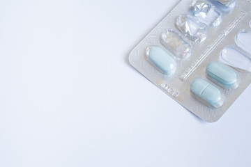 pills for flu, virus and infection. concept of isolation and contactless payments. home treatment of the virus