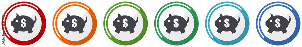 Poster Piggy bank icon set, flat design vector illustration in 6 colors options for webdesign and mobile applications