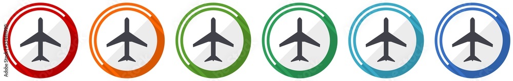 Aufkleber Plane icon set, flight, airplane flat design vector illustration in 6 colors options for webdesign and mobile applications