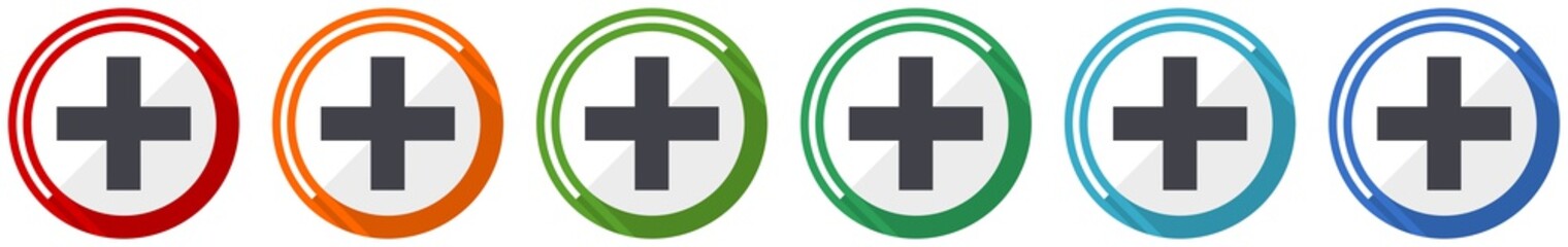 Plus icon set, cross flat design vector illustration in 6 colors options for webdesign and mobile applications