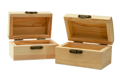 Wooden box with lid on a white background