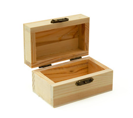 Wooden box with lid on a white background