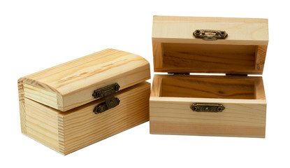 Wooden box with lid on a white background