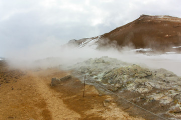 Seething valley of geysers in Iceland. Sulphur springs