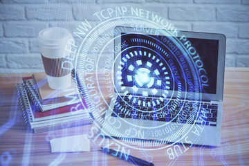 Technology theme drawing and table with computer. Double exposure. Concept of information.