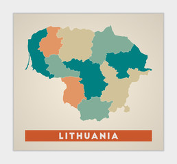 Lithuania poster. Map of the country with colorful regions. Shape of Lithuania with country name. Cool vector illustration.
