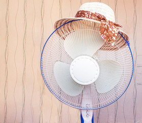 Air cooling fan, straw hat on it.