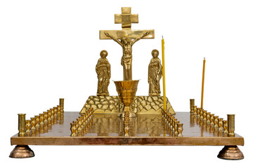Eve - a quadrangular table with a metal board on which there are cells for candles and a small cross of gold color, Close-up, isolate on a white background.
