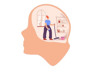 Cartoon housewife woman with mop and rag cleanse room inside giant head vector flat illustration. Doodle female cleansing and purification of inner space isolated. Concept of mental health cleaning