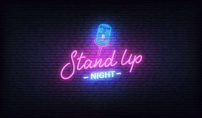 Stand up comedy neon template. Stand up lettering and glowing neon microphone - obrazy, fototapety, plakaty