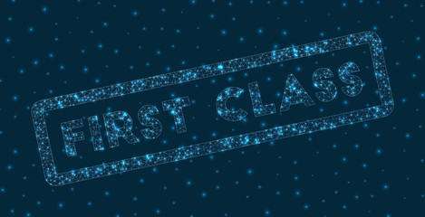 First Class word in digital style. Glowing geometric First Class badge. Trendy vector illustration.