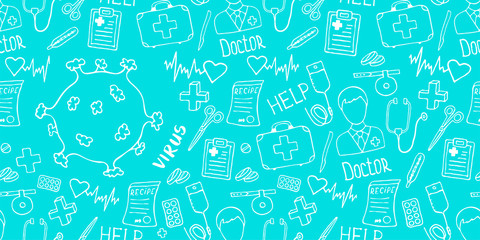 Fototapeta na wymiar Medical background with virus icon. Medicine seamless doodle pattern. Hand drawn health care, pharmacy, chemical cartoon header. Vector illustrations.