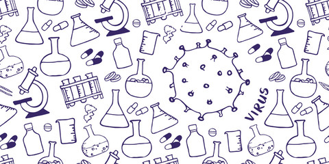 Medical background with virus icon. Medicine seamless doodle pattern. Hand drawn health care, pharmacy, chemical cartoon header. Vector illustrations.