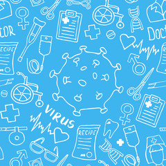 Medicine seamless doodle pattern with virus or bacteria icon. Hand drawn Health care, pharmacy, medical cartoon background. Vector illustrations.