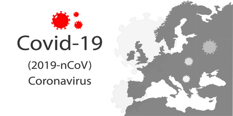 Coronavirus or Covid-19 typography text designed with virus icons and covered with Europe map. Covid-19 (Coronavirus) virus cells vector illustration for banner.