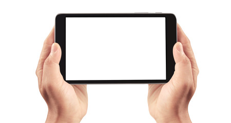 Hands holding  tablet touch computer gadget with isolated screen