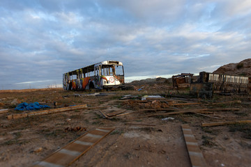 Destroyed trolleybus, consequences of a virus epidemic or ww3.