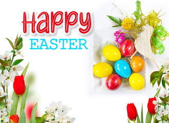 Happy easter greeting card with eggs, bird, flowers white cherry and tulips on white background