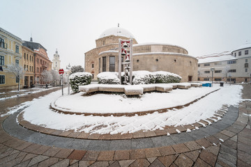 mosque in Pecs, Hungary at snowing