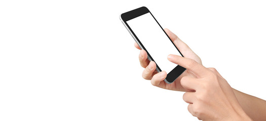 Hand holding smartphone device touching screen