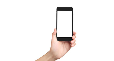 Obraz na płótnie Canvas Hand holding smartphone device touching screen