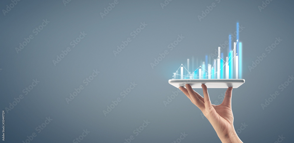 Poster graph growth and increase of chart positive indicators in his business,tablet in hand