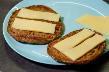 grilled bread with cheese on a blue plate
