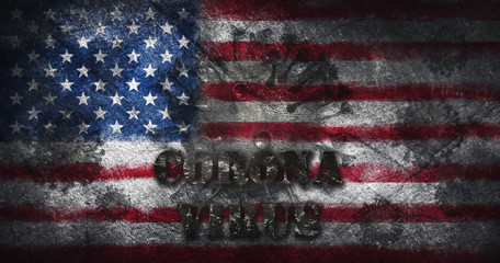 Coronavirus outbreak pandemic all over United States of America . Infected American flag, destroyed by the Ncov-19 bacteria 3D illustration