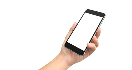 Hand holding smartphone device touching screen