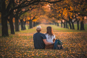 Couple sitting together in autumn alley. Photo full of love with copy/edit space.