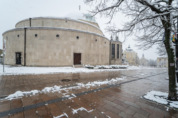 mosque in Pecs, Hungary at snowing