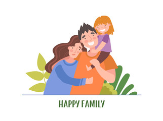 Illustrated portrait of young happy family of three outdoors. Vector illustration