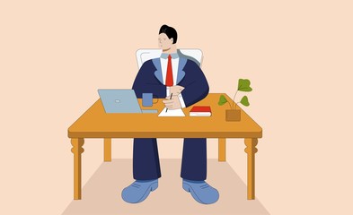 Cartoon businessman in suit working on laptop at workplace vector graphic illustration. Confident colorful business male sitting at table in office big limbs style isolated on white background