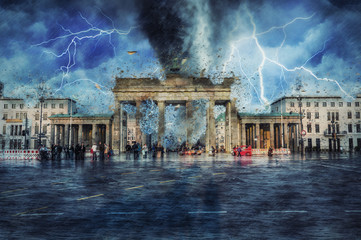 Tornado and lightning striking Brandenburger Tor