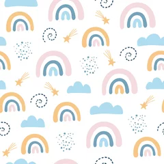 Deurstickers Regenboog Naadloos patroon met wolk en regenboog in de lucht. Creatieve kinderen hand getekende textuur voor stof, verpakking, textiel, behang, kleding. vector illustratie