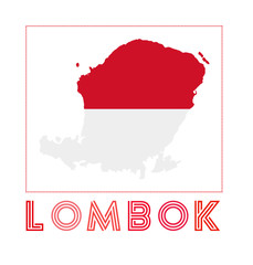 Lombok Logo. Map of Lombok with island name and flag. Powerful vector illustration.