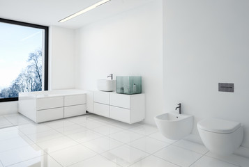 Fototapeta na wymiar Monochromatic white spacious modern bathroom