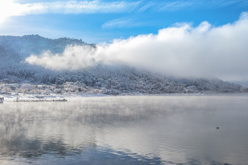 Morning sunrise with fog on Phu Chee Fah in Chiang Rai, Thailand.