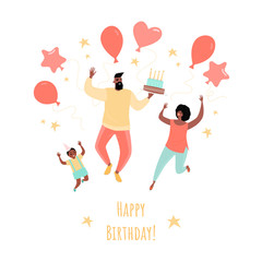 Birthday greeting card with a happy family, balloons and a cake with candles on a white background