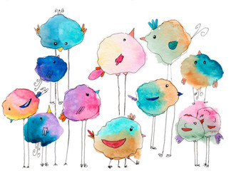 Fototapety  a set of cute watercolor birdies' family with long legs different colors and sizes in a sketch doodle style