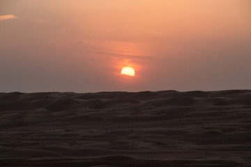 Sunset on sand dune in Wahiba sands desert near Bidiyya in Oman