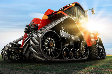 Bottom view of rubber tracked agricultural tractor. 