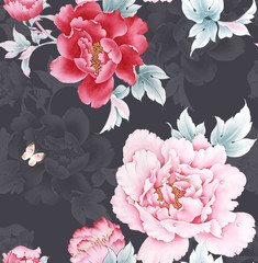 Oriental style painting, Ink Painting of Chinese Peony，seamless pattern, can be used for  floral poster, wrapping paper pattern , invite. Decorative greeting card or invitation design background