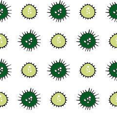 Viruses and bacteria doodle green pattern. Seamless backdrop. Microbiology vector bacterial cells on transparent background.