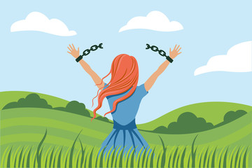 Back view cartoon woman break handcuffs enjoy freedom at natural landscape. Colorful female breaking chains on hands admiring nature scenery. Concept of emancipation, girl power and revolution