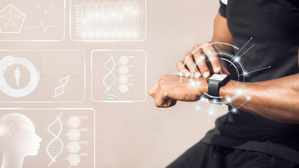 African American man using smartwatch fitness tracker on light background, collage with sports data on virtual screen
