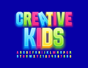 Vector colorful banner Creative Kids. Glowing bright Font. 3D Trendy Alphabet Letters and Numbers