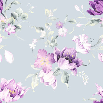 Watercolor seamless pattern with tulip flowers. Watercolor decoration pattern. Vintage watecolor background. Perfect for wallpaper, fabric design, wrapping paper, surface textures, digital paper.