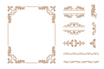 Set of various luxury vintage ornament frame and decorative classical delimiter vector flat illustration. Collection of different elegance golden divided and border shape isolated on white background
