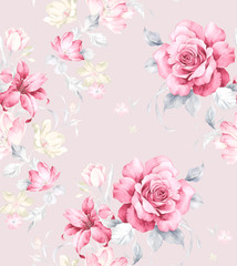 Obraz na płótnie Canvas Watercolor seamless pattern with rose flowers. Watercolor decoration pattern. Vintage watecolor background. Perfect for wallpaper, fabric design, wrapping paper, surface textures, digital paper.
